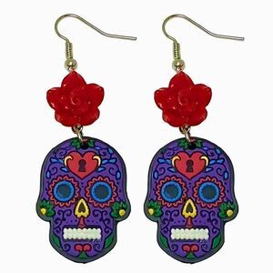 NEW Purple Day of the Dead Sugar Skull Drop Earrings